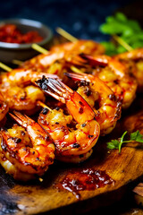 Close up of plate of food with shrimp on skewers.