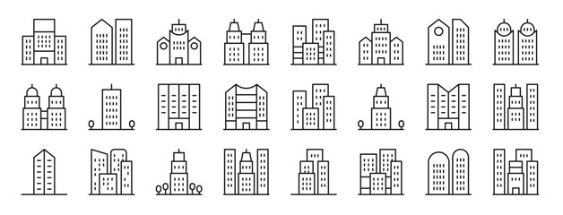 set of 24 outline web skyscraper icons such as government building, apartment, town hall, small building, city, town hall, offices vector icons for report, presentation, diagram, web design, mobile - obrazy, fototapety, plakaty