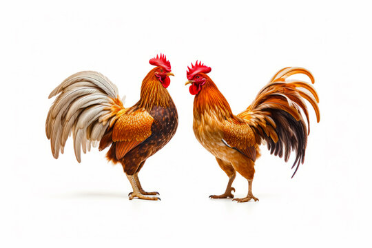 Couple of roosters standing next to each other on white background.