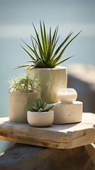 Plants in stone pots against the background of the sea