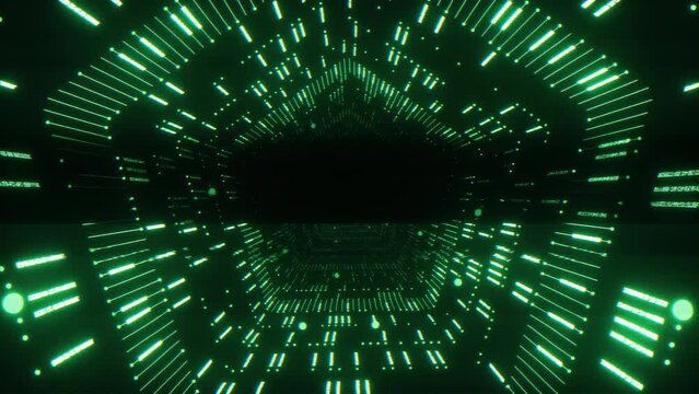3D futuristic animation of digital holographic tunnel with digital noise and holographic effects. 4K abstract sci fi background