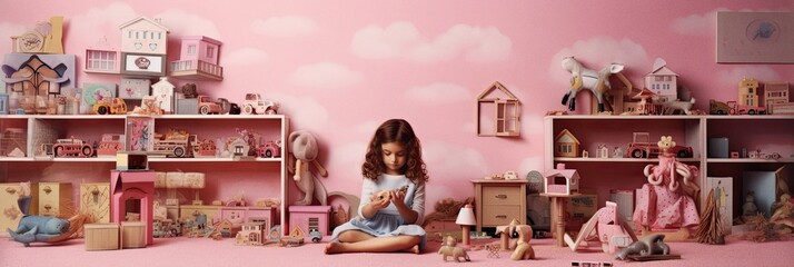 Child girl playing in colorful pink studio, ai generated