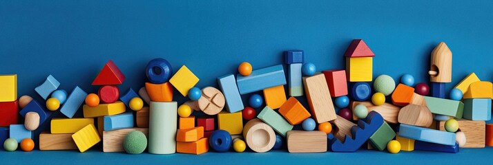 Colorful toys on blue  background, ai generated