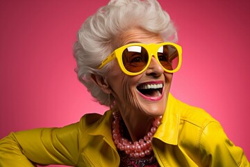 Cheerful Granny: A Happy Granny Wearing Yellow Outfit. Cool and Vibrant, Ai Generative
