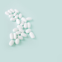 Medicine pills. Close up of white large pills with pharmacy and medical concept. Flat lay, top...