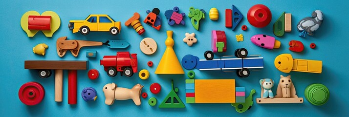 Colorful toys on blue  background, ai generated