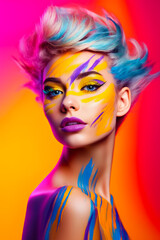 Woman with bright makeup and bright hair with bright colors on her face.