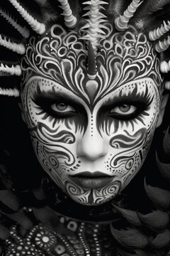 Black and white photo of woman's face with mask on.