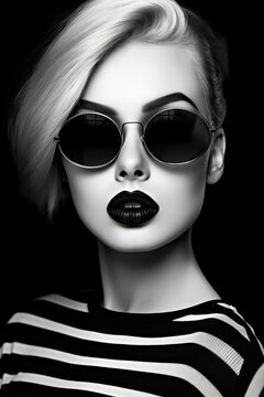 Woman wearing sunglasses and black and white striped shirt with black lip.