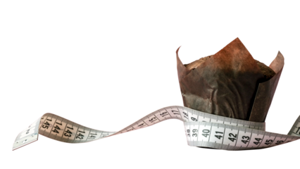 Chocolate muffin and tailor's tape measure - food control concept