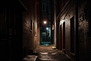 Fototapeta na wymiar Dark creepy alley with doorways on the side.