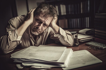 Tired, frustrated, exhausted, stressed man sitting at desk working on laptop. Male at Overnight work. Generated Ai