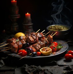 Photo appetizing ruddy kebabs on a dark stone surface 