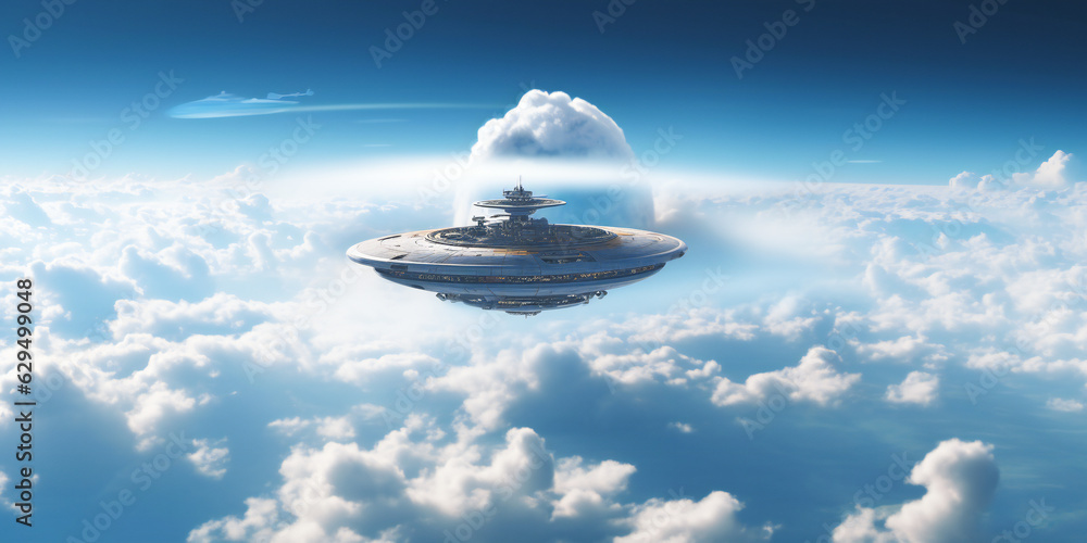 Poster floating advanced technology flying object in the clouds. created with generative ai technology.