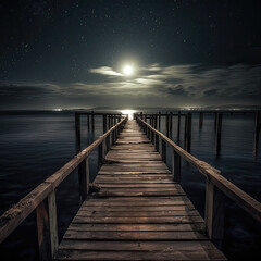 Fototapeta na wymiar Moonlight pier with wooden walkway. 