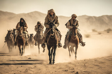 Illustration of riders in the desert. Bedouin or arabian people. Created with Generative AI technology.
