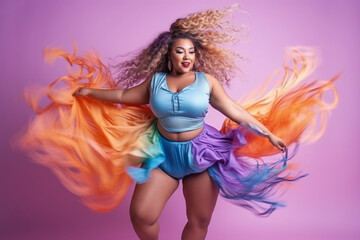 Obraz na płótnie Canvas Energetic and Colorful Samba Dance, Fit plus size woman, sport clothing, pastel shades Generative AI