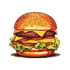 Hand drawn vector bread burger illustration with meatloaf tomato vegetarian dish, white background, delicious food for lunch and dinner, fast food