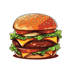 Hand drawn vector bread burger illustration with meatloaf tomato vegetarian dish, white background, delicious food for lunch and dinner, fast food