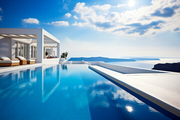 Fototapeta premium Blue infinity pool in a luxury resort on a Greek island in Cyclades, with magnificent view over Aegean sea