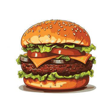 Hand Drawn Vector Bread Burger Illustration With Meatloaf Tomato Vegetarian Dish, White Background, Delicious Food For Lunch And Dinner, Fast Food