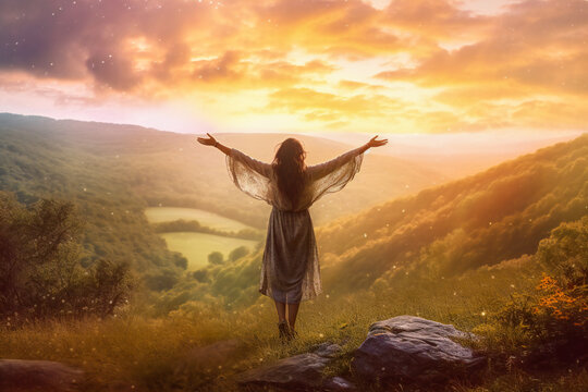 Young woman with arms outstretched on a hillside at sunset