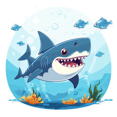 Cartoon shark swimming in the ocean with fish around it's neck.