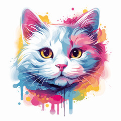 Colorful cat's face with yellow eyes and white cat's head.