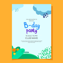 Birthday card template. The invitation comes to the party. Modern vector for boys and girls. Blue color