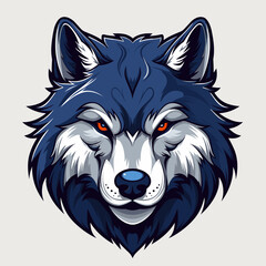 Wolf's head with red eyes and black nose, on white background.