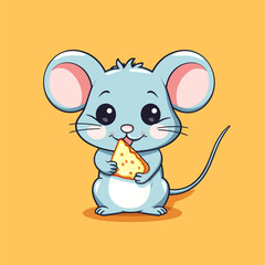 Cartoon mouse eating slice of pizza on yellow background with yellow background.
