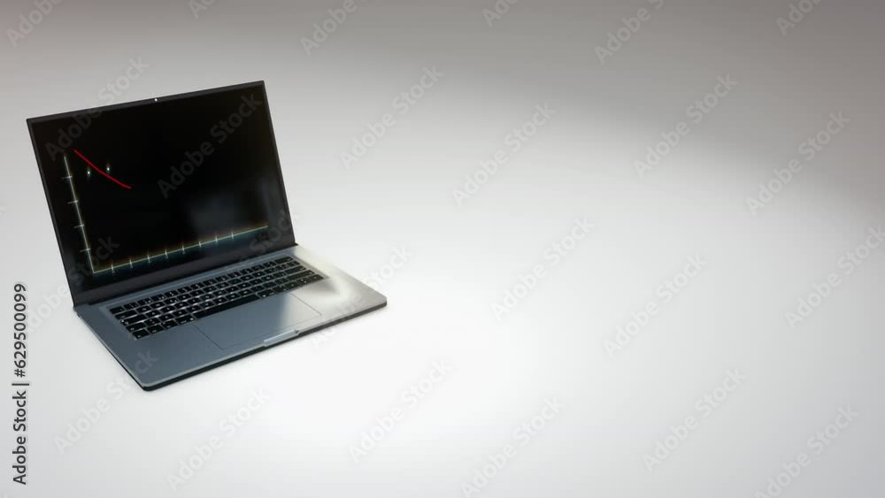 Poster business laptop with negative falling graph chart opens on white-mirrored surface. 3d render, market