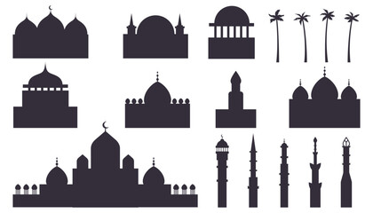 Muslim or arabic cityscape black silhouettes. Islamic city skyline with mosque and minaret Arabic architecture