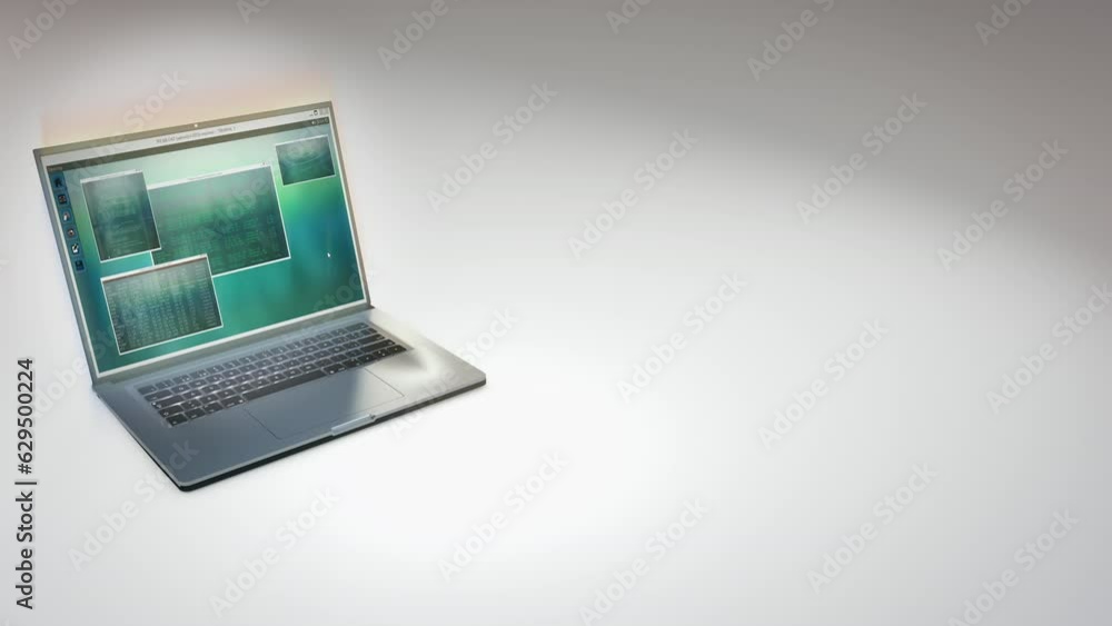 Poster laptop 3d render on white surface with running programs, business work on notebook mockup website te