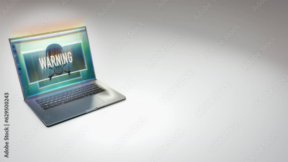 Aufkleber laptop opens on white reflective surface show virus infestation symbol 3d render animation. concept 