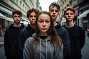 Fototapeta premium Group of teenagers standing still in protest sign with his schoolmates. Stop racism at school concept image. Generative AI.