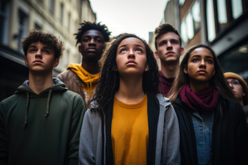 Group of teenagers standing still in protest sign with his schoolmates. Stop racism at school concept image. 