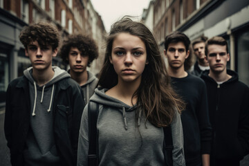 Fototapeta premium Group of teenagers standing still in protest sign with his schoolmates. Stop racism at school concept image. Generative AI.