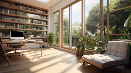 Fototapeta na wymiar living room interior. modern style. outside is a plants and trees. Generative AI