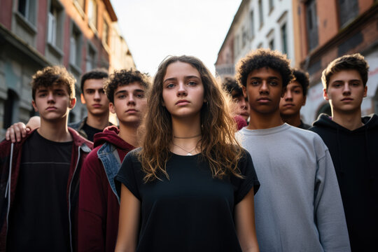 Group of teenagers standing still in protest sign with his schoolmates. Stop racism at school concept image. Generative AI.
