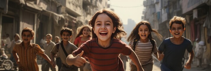 Fototapeta na wymiar smiling kids running towards camera in a streets