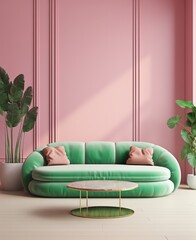 This vibrant interior design showcases a bold green couch, two houseplants, and a colorful pink wall, creating an inviting atmosphere of comfort and creativity