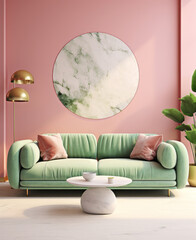 This vibrant and bold living room design, featuring a bright pink wall, comfy couch, armrests, cushions, pillows, loveseat, vase, and houseplant, brings a colorful and inviting atmosphere into the ho