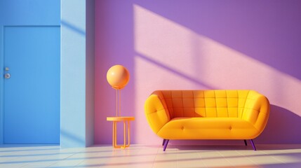 A vibrant yellow couch and table set against a colorful wall of furniture creates a bold interior design statement that brings a wild energy to any room