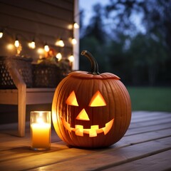 Halloween pumpkins and decorations outside a house made with generative ai technology