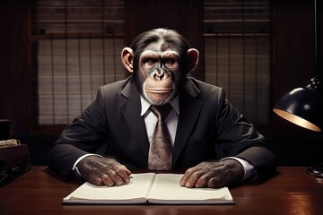 A chimp in a smart suit sits at a desk in an office. - obrazy, fototapety, plakaty