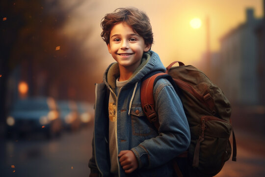 super realistic illustration of a happy boy on the way to school. With a backpack. back to school. learning is fun. created with AI