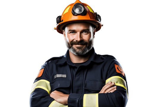 Happy Firefighter Crossing Arms Isolated on Transparent Background. AI
