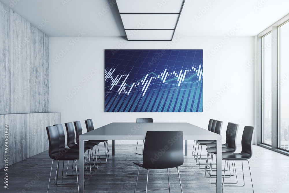 Poster abstract financial graph on tv display in a modern presentation room, finance and trading concept. 3