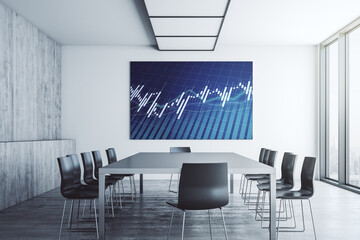 Abstract financial graph on tv display in a modern presentation room, finance and trading concept. 3D Rendering